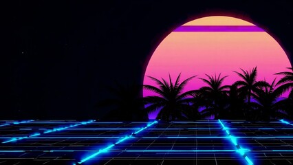 Glowing blue grid illuminating a futuristic synthwave landscape, featuring silhouettes of palm trees against a vibrant sunset, evokes a captivating retro-futuristic ambiance