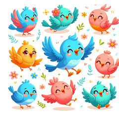 Obraz premium Cheerful flying birds. Cartoon bird set in fly motion isolated on white background, happy garden movement little birdie vector illustrations 