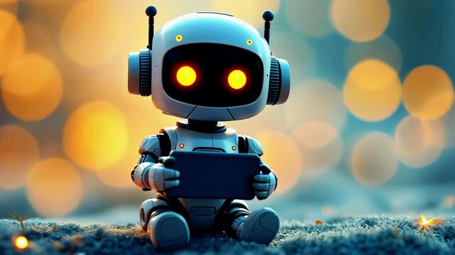 Cute robot character sitting on a sandy surface, holding a smartphone, with a bokeh background