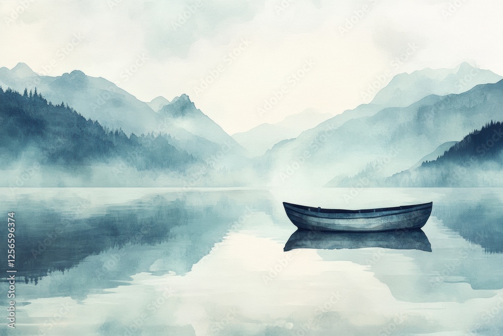 Aufkleber Serene watercolor illustration of a rowboat on a calm mountain lake under a tranquil sky for your creative text. Generative AI