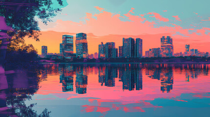 Fototapeta premium Futuristic cityscape glitching and reflecting on water at sunset in digital artwork, creating a surreal and vibrant scene. Glitching Reality. Illustration