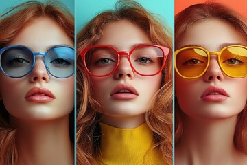 Vibrant graphic layouts showcasing unique eyewear styles in bold colors and modern designs