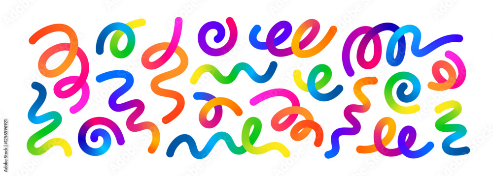 Fototapete Abstract Color Lines with Gradient. Geometric Background with 3D Rainbow Ribbons. Vector Spiral Confetti Shapes. Birthday Pattern with Color Fluid Elements