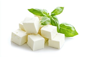 Feta cheese cubes are set against a white backdrop