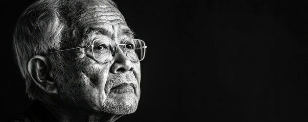 Elderly asian male with glasses in thoughtful monochrome portrait
