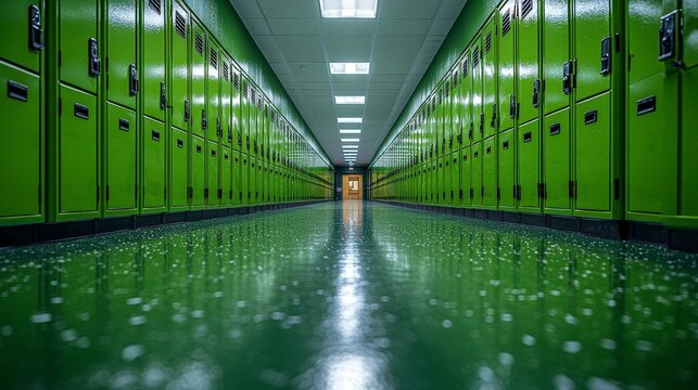 A sleek green school hallway lined with lockers, reflecting bright lights, emphasizing cleanliness and order, creating an organized space for student activities and interactions.