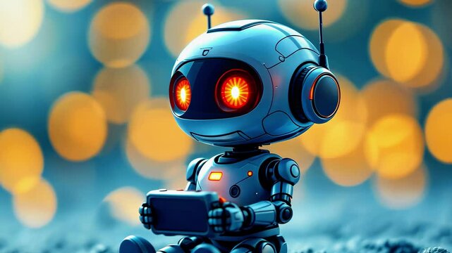 A cheerful robot with glowing eyes sitting on a textured surface, engaging with a smartphone amidst a blurred, colorful background of lights