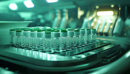 Fototapeta premium Scientific laboratory equipment with rows of glass vials in controlled refrigeration