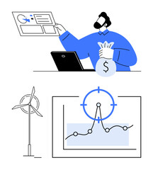 Man holding a money bag analyzes financial data, a wind turbine for renewable energy, and a graph depicting business performance. Ideal for finance, investments, renewable energy, technology