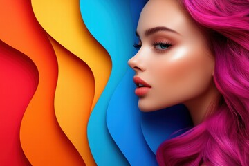 Colorful graphic layout featuring a model with vibrant hair against a dynamic backdrop