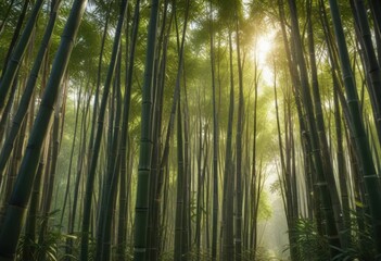 Fototapeta premium Dense bamboo grove with towering stalks and filtered sunlight, trees, foliage, bamboo forest