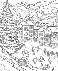 Obraz premium Coloring page for young children aged 6 years depicting a festive Christmas celebration in Andorra The scene features a picturesque mountain village with tradi