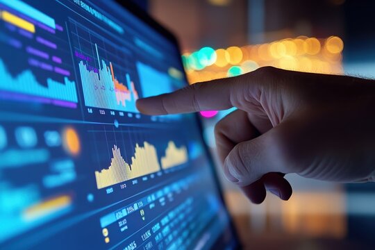 Detailed data analysis with hand pointing at analytics display during nighttime