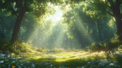 Obraz premium Serene forest scene with sunlight filtering through trees, illuminating a meadow filled with flowers