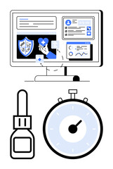 Computer screen with health data syringe and stopwatch. Ideal for telemedicine, health technology, digital health, time management, medical monitoring, healthcare innovation, patient care. Line