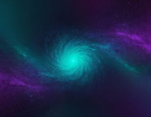 A vibrant turquoise spiral galaxy illuminating the cosmic dark with hints of purple hues.