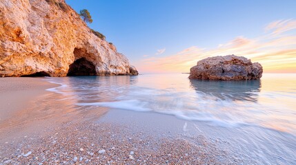 Sunrise over secluded cove, calm sea, sandy beach. Ideal for travel brochures