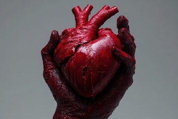Halloween themed blood detached bloody hand gripping a severed heart on a gray studio backdrop