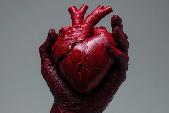 Halloween themed blood detached bloody hand gripping a severed heart on a gray studio backdrop