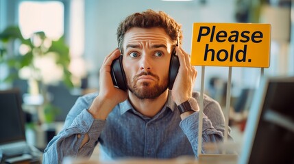 Frustrated consumer facing a long wait on customer service call. Featuring a phone displaying "Please hold