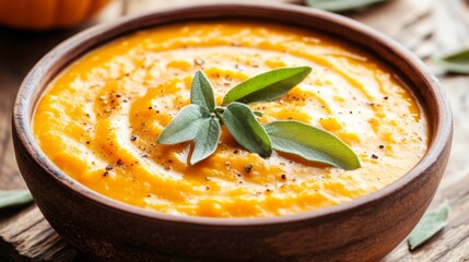 Image of rice and creamy butternut squash soup with sage in a bowl, emphasizing creamy and slightly sweet nature. Ideal for fall meals and vegetarian options.