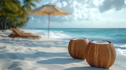 Two coconut bowls on a sandy beach with sun loungers and an umbrella under a bright sky