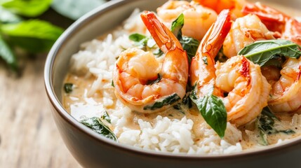 Image of rice and creamy coconut curry with shrimp in a deep bowl, emphasizing creamy and exotic flavors. Ideal for Thai cuisine and seafood lovers.