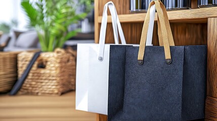 Two stylish shopping bags hanging on a wooden shelf in a modern home interior with greenery