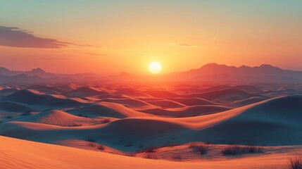 Fototapeta premium Serene sunset over rolling sand dunes with mountains in the background, evoking tranquility and nature
