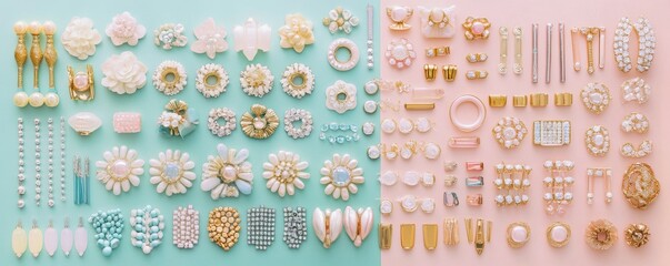 Vintage jewelry collection on pastel background with assorted pearls and gems