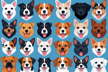 Naklejka premium Vibrant 90s Dog Character Head Illustration Set in Modern Flat Design Showcasing Diverse Breeds