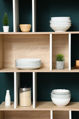 Shelving unit with plates and houseplants near blue wall