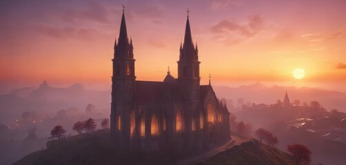 Naklejka premium Five-towered church at sunset with a misty atmosphere, abandoned building, ancient church