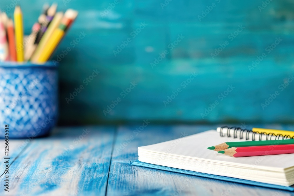 Poster Open notebook with colorful pencils on a bright wooden desk ready for creative ideas and writing. Generative AI