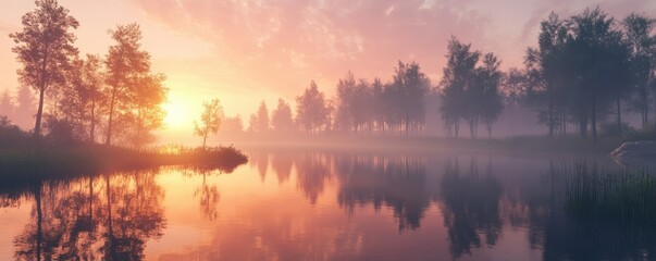 Obraz premium Tranquil sunrise over misty lake with reflective water and silhouetted trees