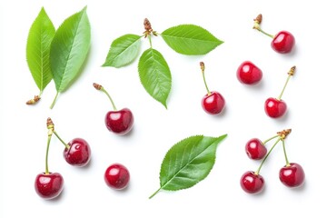 Isolated cherry leaf Green leaves flat lay on white background