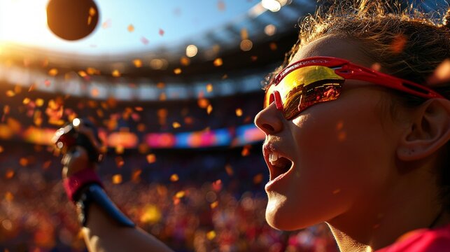 Asian para athlete prosthetic arm is captured mid throw while competing in discus event. Sunlight casts warm glow highlighting her determination and vibrant stadium atmosphere.