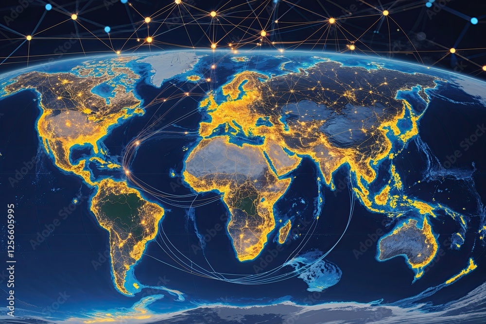 Poster global digital commerce connectivity map visualizing networks and data dynamics