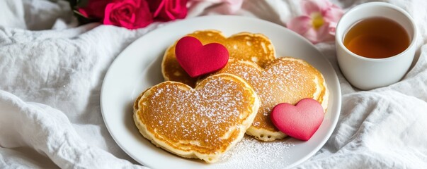 Heart-shaped pancakes with powdered sugar and tea on a romantic breakfast setting