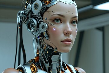 Fototapeta premium Future Female Cyborg Design Exploring Three-Dimensional Digital Mechanics and Innovation