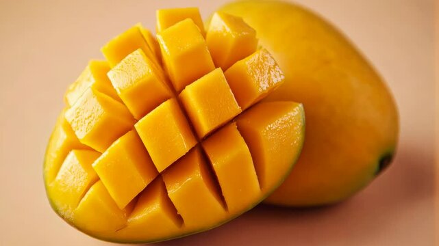 Closeup sequence of fresh cubed mango gradually rotating to reveal vibrant texture