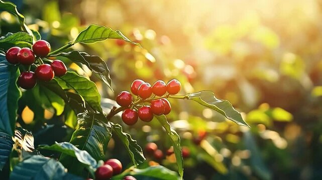 Sunlit Coffee Beans: A close-up view of ripe coffee cherries glistening with dew, nestled among lush green leaves on a coffee plant, bathed in the golden rays of the morning sun.