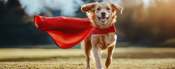 Golden retriever in red cape running outdoors
