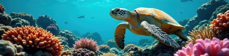 Obraz premium Large sea turtle explores colorful reef ecosystem , reef, coral reef fish, animal