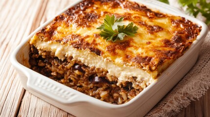 Image of rice and Greek moussaka with eggplant and lamb in a traditional Greek baking dish, emphasizing rich and savory qualities. Ideal for Greek cuisine and comfort dishes.