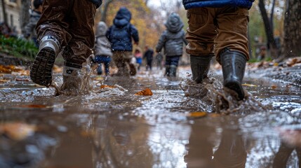 Children in rubber boots splashing through puddles on a rainy autumn day in a park, with leaves scattered around