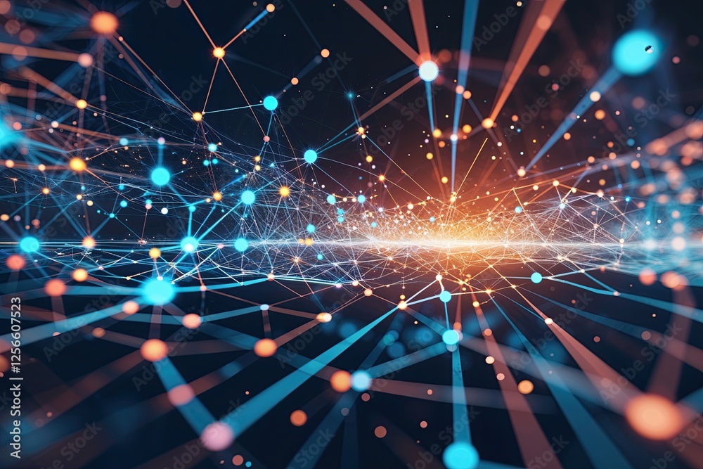 Poster exploring digital connectivity through technology and data visualization with lines and dots