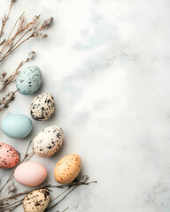 Obraz premium Easter mockup with marble table background and pastel eggs, top view