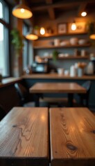 Rustic wooden table, blurred cafe bokeh background, food, texture