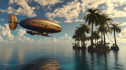 Steampunk airship sails across tropical ocean. Steampunk Sky Islands. Illustration